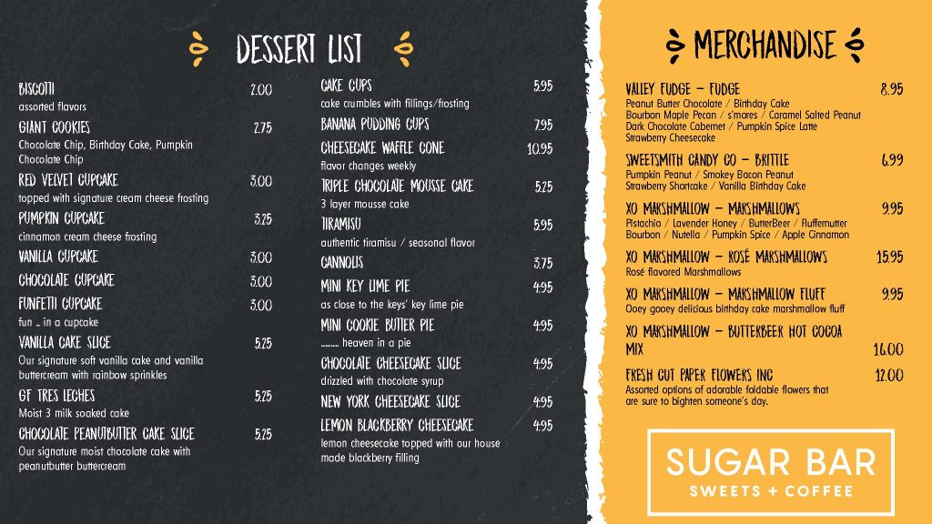 Sugar Bar Sweets + Coffee Menu Guide